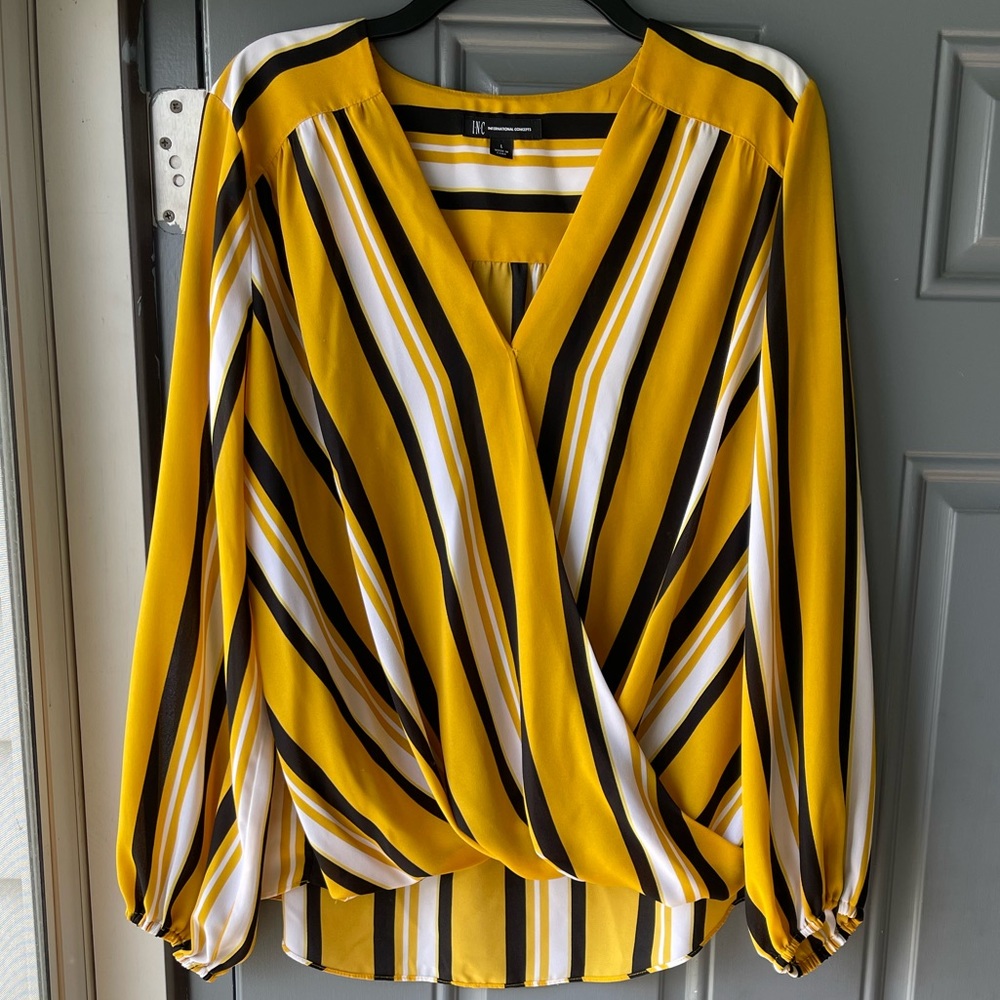 INC. Faux wrap blouse in yellow, black and white sz L